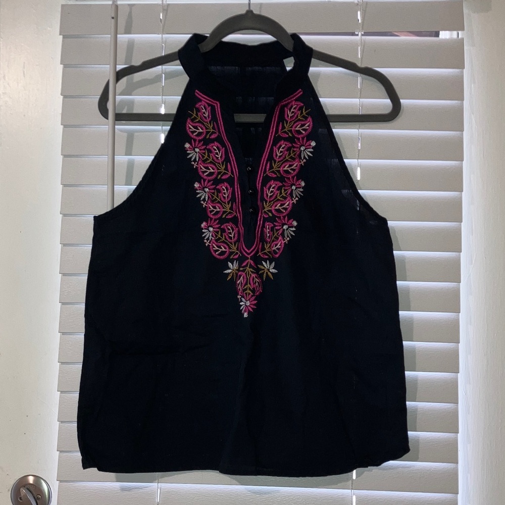 SHEIN Black Halter Top with Pink Embroidery